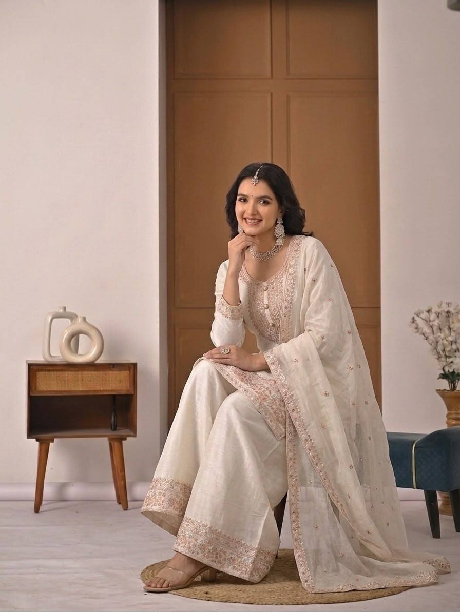 Pristine Ivory White Kurta and Palazzo Set Featuring Delicate Floral Embroidery, Sequined Borders, and a Matching Sheer Dupatta
